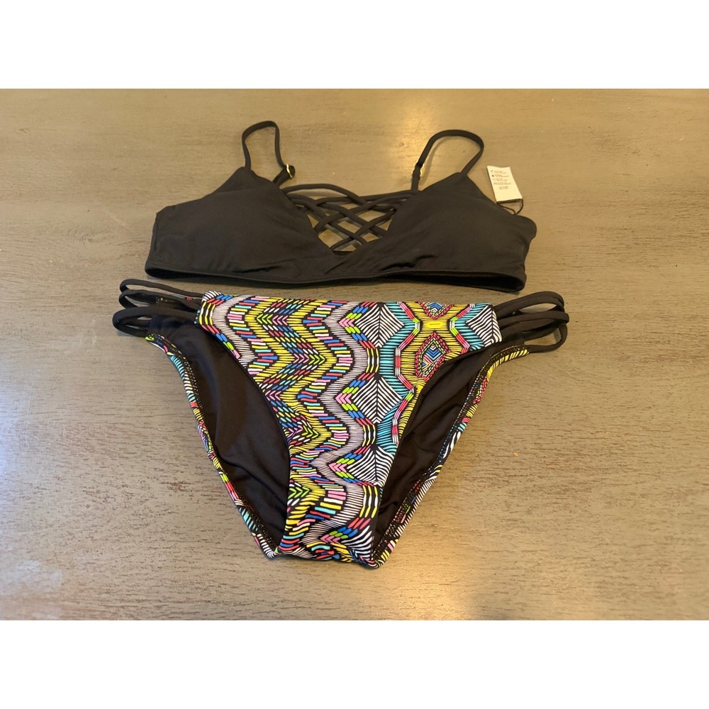 L Space Bikini Set Black Strappy Top Geometric Print Full Cut Bottoms Large